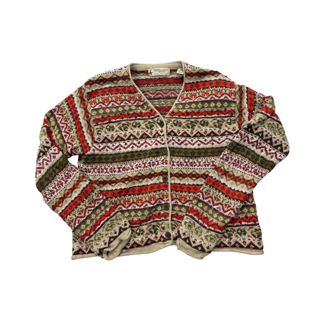 Vintage Marsh Landing Cardigan Women PL‎ Multi Color Fair Isle Knit Sweater